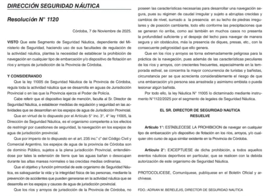 Prohibición de Navegar en Ríos de Córdoba